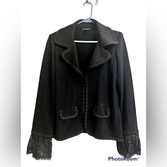 Escada Vintage Black Virgin Wool Evening Jacket French Lace cuffs Sz 44 … - Picture 12 of 12